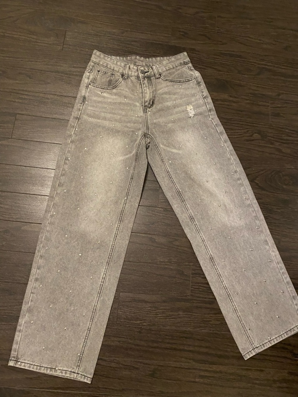 Missguided Light Gray Straight-Leg Jeans with Stud Details